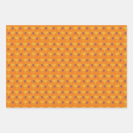 Gold Menorahs + Blue Stars Wrapping Paper Sheets (Voorkant)