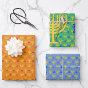 Gold Menorahs + Blue Stars Wrapping Paper Sheets