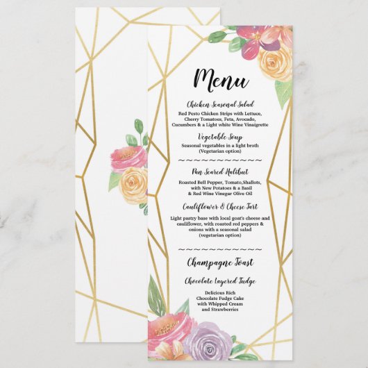 Gold Menu Wedding Reception Rustic Lijst Floral Kaart (Voorkant / Achterkant)