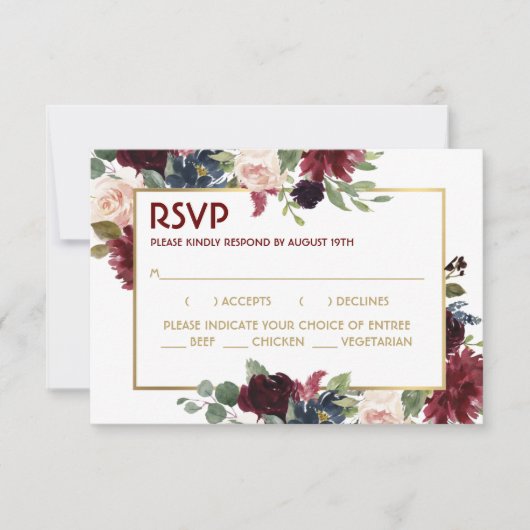 Gold Merlot Blue Floral Wedding Response Kaart (Voorkant)