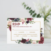 Gold Merlot Blue Floral Wedding Response Kaart (Staand voorkant)