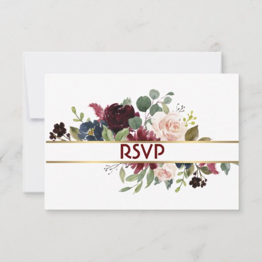 Gold Merlot Blue Floral Wedding Response Kaart (Achterkant)