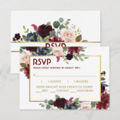 Gold Merlot Blue Floral Wedding Response Kaart (Voorkant / Achterkant)
