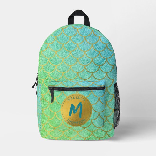Gold Mermaid Scales Blauwgroen Glitter Pattern Mon Bedrukte Rugzak (Voorkant)
