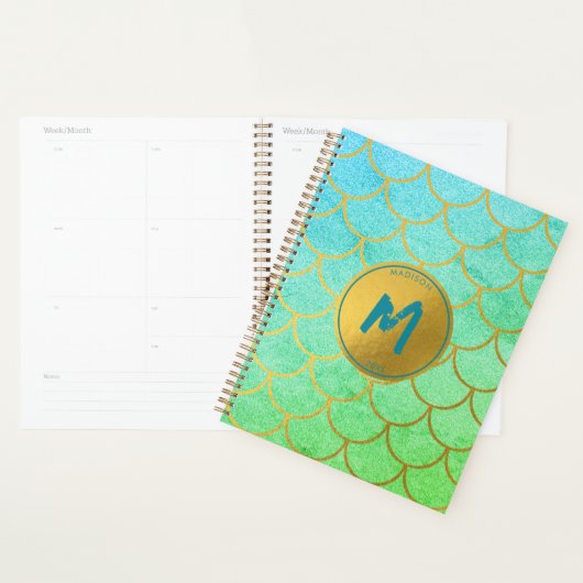 Gold Mermaid Scales Blauwgroen Glitter Pattern Mon Planner (Display)