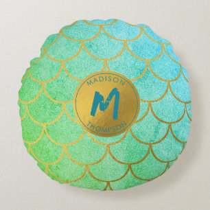 Gold Mermaid Scales Blauwgroen Glitter Pattern Mon Rond Kussen