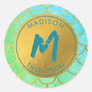 Gold Mermaid Scales Blauwgroen Glitter Pattern Mon Ronde Sticker