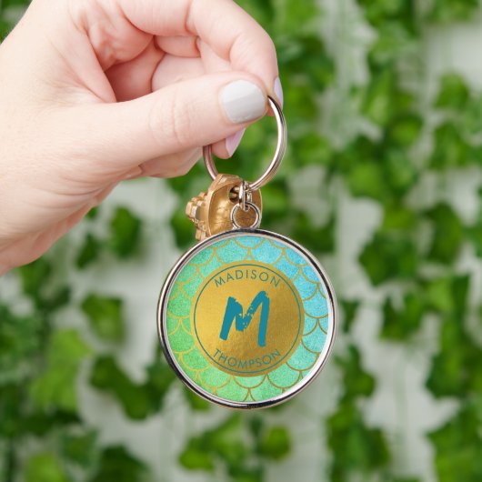 Gold Mermaid Scales Blauwgroen Glitter Pattern Mon Sleutelhanger (Hand)
