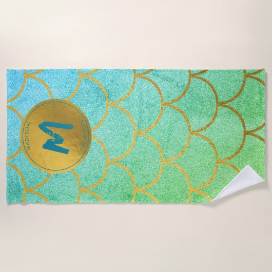 Gold Mermaid Scales Blauwgroen Glitter Pattern Mon Strandlaken (Voorkant)