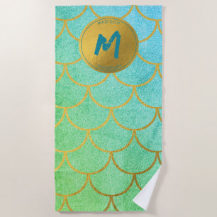 Gold Mermaid Scales Blauwgroen Glitter Pattern Mon Strandlaken