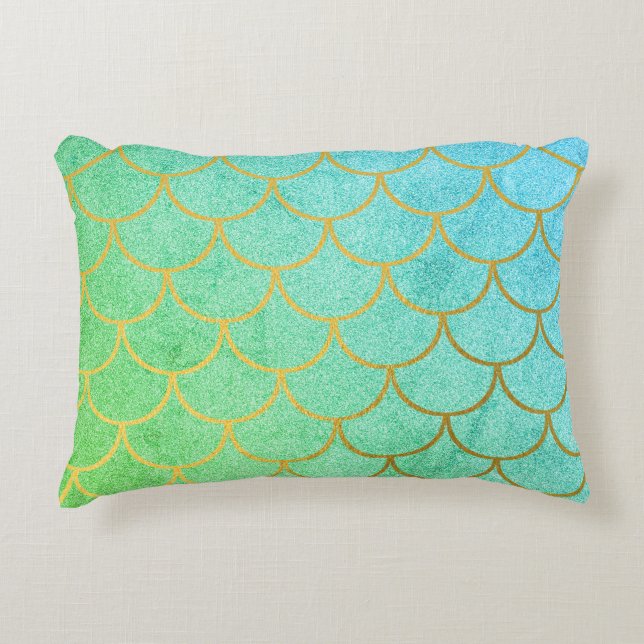 Gold Mermaid Scales Blauwgroen Turquoise Glitter Accent Kussen (Voorkant)