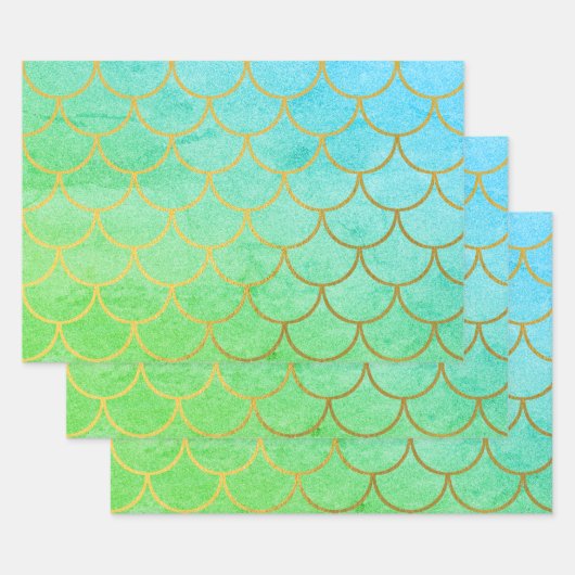 Gold Mermaid Scales Blauwgroen Turquoise Glitter Inpakpapier Vel (Set)