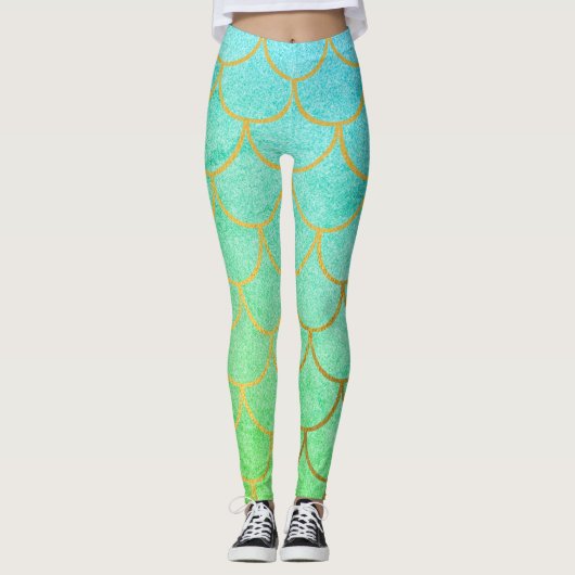 Gold Mermaid Scales Blauwgroen Turquoise Glitter Leggings (Voorkant)