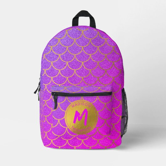 Gold Mermaid Scales Roze Glitter Pattern Monogram Bedrukte Rugzak (Voorkant)