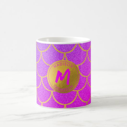 Gold Mermaid Scales Roze Glitter Pattern Monogram Koffiemok (Center)