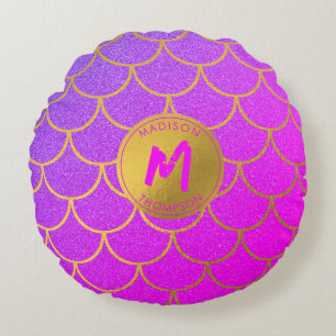 Gold Mermaid Scales Roze Glitter Pattern Monogram Rond Kussen