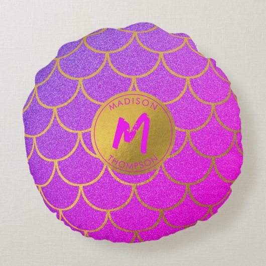 Gold Mermaid Scales Roze Glitter Pattern Monogram Rond Kussen (Achterkant)