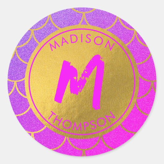 Gold Mermaid Scales Roze Glitter Pattern Monogram Ronde Sticker (Voorkant)