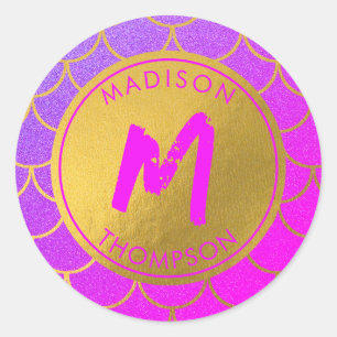 Gold Mermaid Scales Roze Glitter Pattern Monogram Ronde Sticker