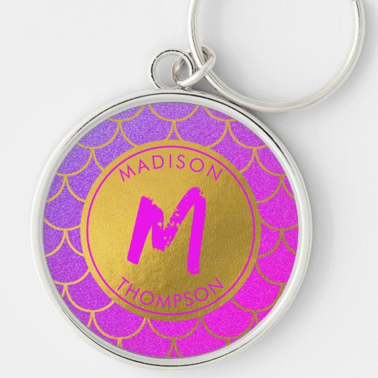 Gold Mermaid Scales Roze Glitter Pattern Monogram Sleutelhanger (Voorkant)
