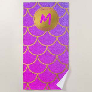 Gold Mermaid Scales Roze Glitter Pattern Monogram Strandlaken