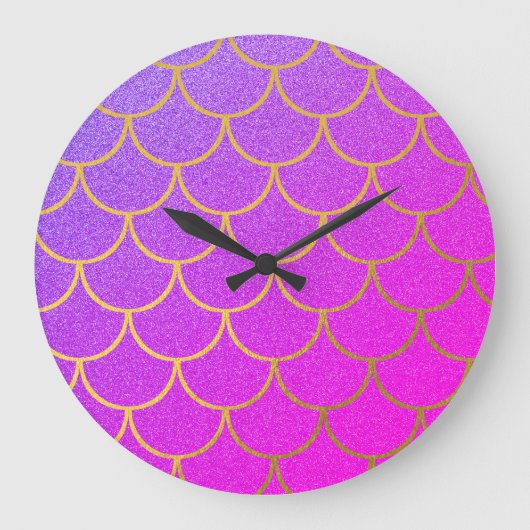 Gold Mermaid Scales Roze Paarse Glitter Grote Klok (Voorkant)