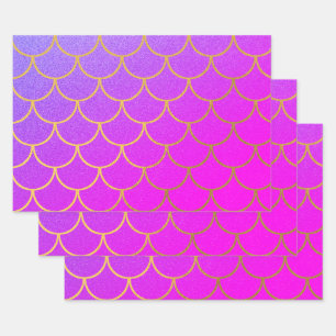 Gold Mermaid Scales Roze Paarse Glitter Inpakpapier Vel