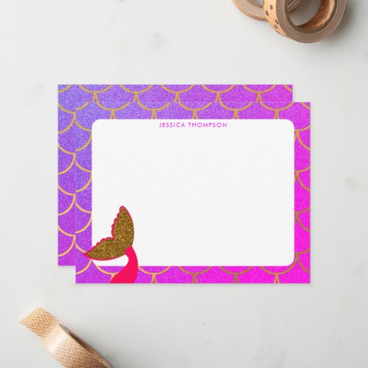Gold Mermaid Scales Roze Paarse Glitter Kinder Notitiekaartje (Voorkant / Achterkant in situ)