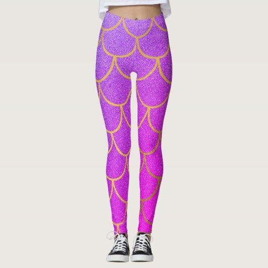 Gold Mermaid Scales Roze Paarse Glitter Leggings (Voorkant)