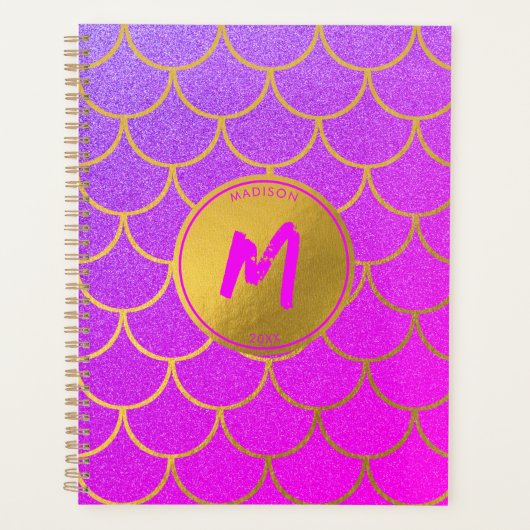 Gold Mermaid Scales Roze Paarse Glitter Monogram Planner (Voorkant)