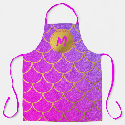 Gold Mermaid Scales Roze Paarse Glitter Monogram Schort (Voorkant)