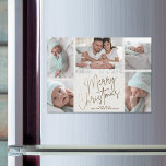 Gold Merry 5-foto's met een magnetische kaart<br><div class="desc">Meerfotokerstvakantie Met MAGNETIC zijn uw namen en de woorden Vrolijk kerstfeest in het kic gold borden op een gebroken witte achtergrond te zien. Meer DESIGN en kleuren in onze winkel.</div>