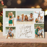 Gold Merry 5-foto's voor kerstmis Feestdagenkaart<br><div class="desc">Met kerstfeestkaarten met meerdere foto's kun je je namen noemen en met de woorden 'Merry Kerstmis' in het kerkgoudschrift op een afgesneden witte achtergrond. Upload gewoon je favoriete familiefoto's en voeg je familiefunctionaliteit aan de achterkant toe. Selecteer High Definition voor de beste fotokwaliteit.</div>