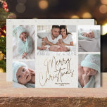 Gold Merry 5-foto's voor kerstmis Feestdagenkaart<br><div class="desc">Met kerstfeestkaarten met meerdere foto's kun je je namen noemen en met de woorden 'Merry Kerstmis' in het kerkgoudschrift op een afgesneden witte achtergrond. Upload gewoon je favoriete familiefoto's en voeg je familiefunctionaliteit aan de achterkant toe. Selecteer Steen voor zwaarste document en High Definition voor de beste fotokwaliteit.</div>