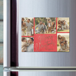 Gold Merry 5 Photo Red Holiday Magnet