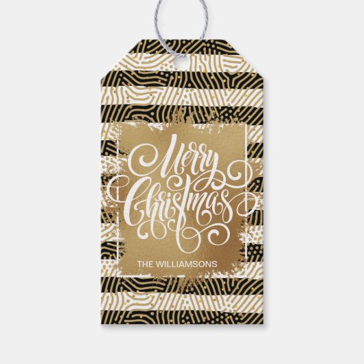 Gold Merry Black White Stripes Cadeaulabel (Voorkant)