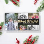 Gold Merry Christmas Collage 5 Fotokaart Zwart Feestdagenkaart<br><div class="desc">Pas deze leuke stijlvolle, eenvoudige, moderne horizontale kerstfotokaart aan, ontworpen met faux gouden tekst Vrolijk kerstfeest op zwart en een collage van vijf foto's. Houd er rekening mee dat het goud een kleurenafdruk is en geen echte gouden folie. Vervang de sjabloon-afbeeldingen door uw favoriete foto's en wijzig alle sjabloon-informatie. Gebruik...</div>