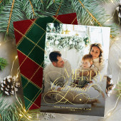 Gold Merry Christmas familie foto elegante plaid Feestdagenkaart
