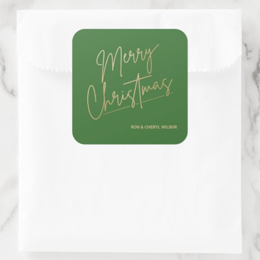 Gold Merry Christmas on Green Vierkante Sticker (Tas)