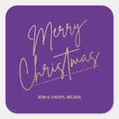 Gold Merry Christmas on Purple Vierkante Sticker (Voorkant)
