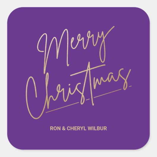 Gold Merry Christmas on Purple Vierkante Sticker (Voorkant)