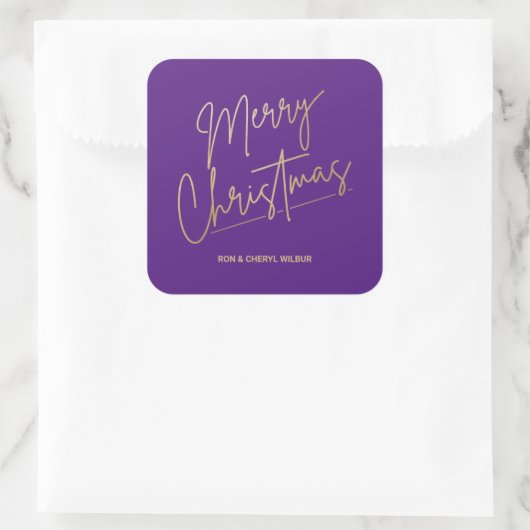 Gold Merry Christmas on Purple Vierkante Sticker (Tas)