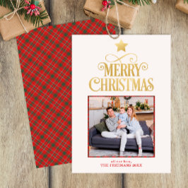 Gold Merry Christmas Plaid Foto Wenskaart Feestdagenkaart
