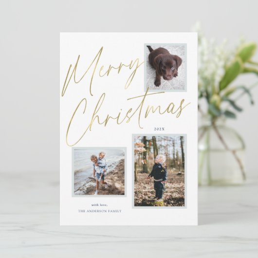 Gold Merry Christmas Script 3 Foto Vakantie Kaart (Staand voorkant)