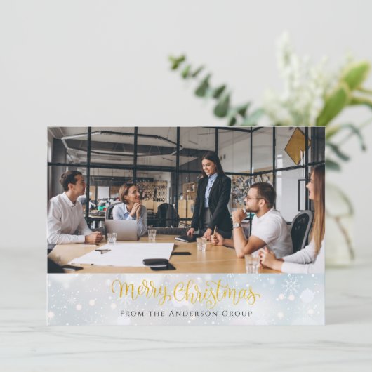 Gold Merry Christmas Script Zakelijke Kantoor Foto Feestdagenkaart (Staand voorkant)