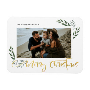 Gold Merry Christmas Three Photo Holiday Magneet