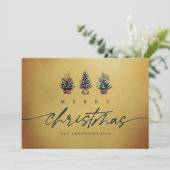 Gold Merry Christmas Waterverf Tree Green Script Feestdagenkaart (Staand voorkant)