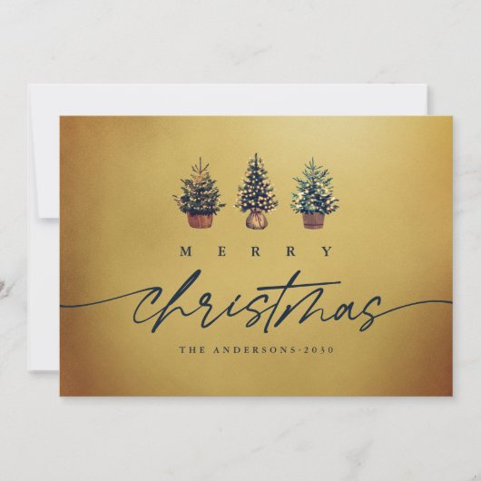 Gold Merry Christmas Waterverf Tree Green Script Feestdagenkaart (Voorkant)