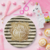 Gold Merry Christms Black White Stripes Papieren Bordje (Feest)