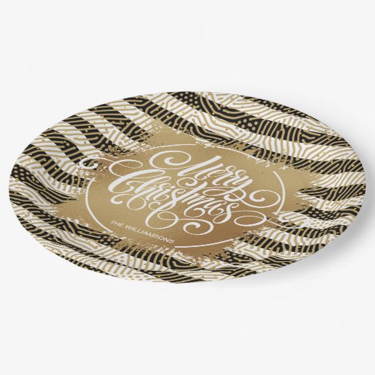 Gold Merry Christms Black White Stripes Papieren Bordje (Gekanteld)